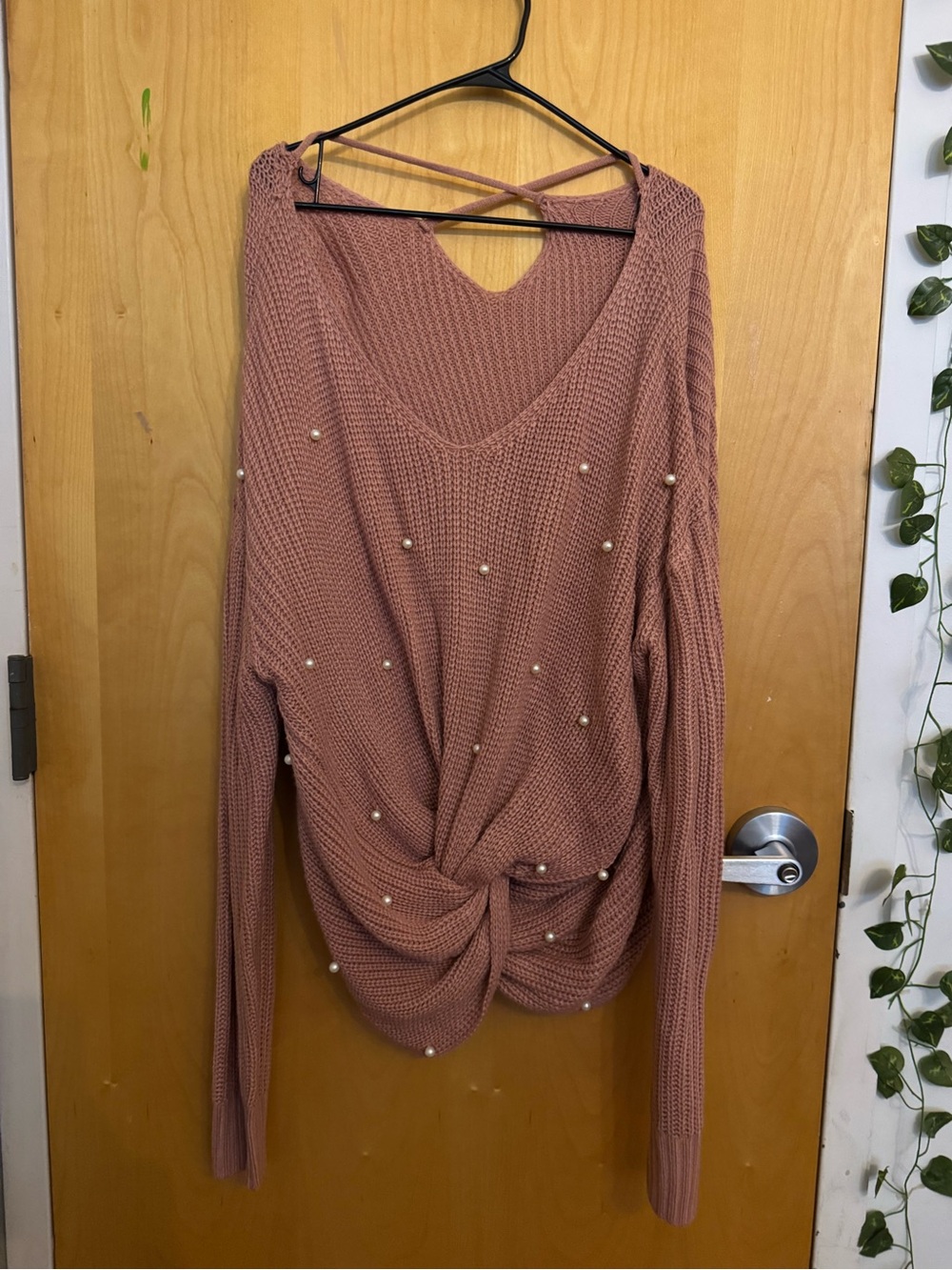 SHEIN Pearl embellished sweater Dusty Rose twist front V-neck cross cross back